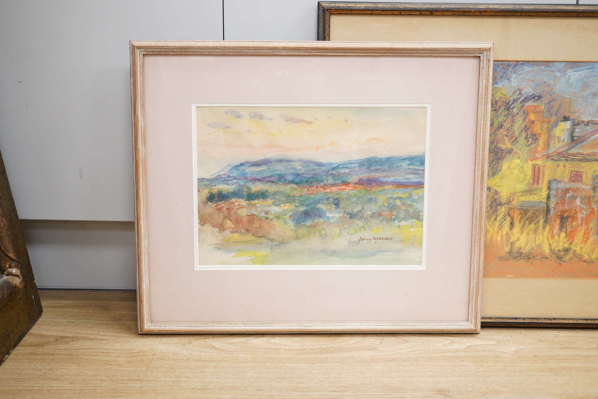 Jenny Spencer, watercolour, landscape, signed, together with two other works by Kathleen Browne and Jo Webster, largest 31 x 49cm. Condition - good